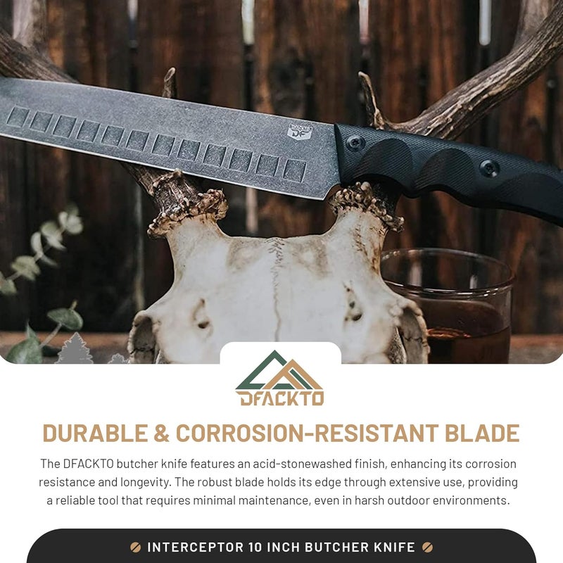 DFACKTO Interceptor 10 Inch Butcher Knife for Camping and Outdoor Kitchen - High Carbon Stainless Steel, Full Tang Tactical G10 Handle, Meat Cutter, BBQ, Chopping, Bone Cutting, Heavy Duty - Black - Image 4